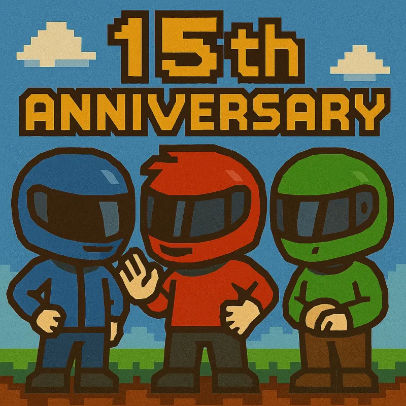 ドット絵。フルフェイスヘルメットをかぶった3人が並び、左から青・赤・緑。赤の人物が手を挙げている。空と雲の背景の上に「15th ANNIVERSARY」の文字