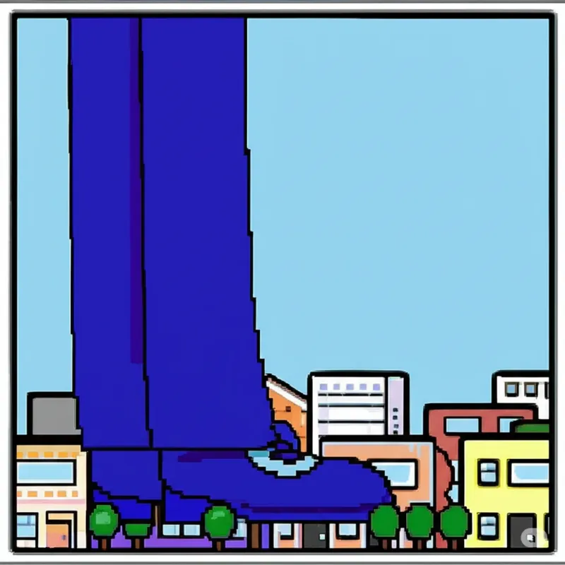 フラットな色面で描かれたイラスト。水色の空を背景に、青いズボンと靴の長い脚が画面上端まで伸び、足元にはカラフルな建物と並木の街が広がっている