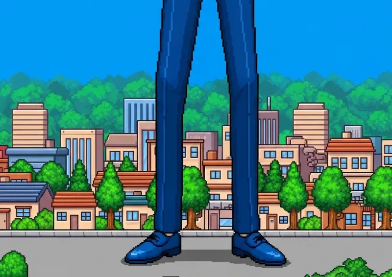 ドット絵。画面いっぱいに伸びる細長い青いスラックスと革靴の脚だけが写り、足元に街並みと街路樹が小さく広がっている